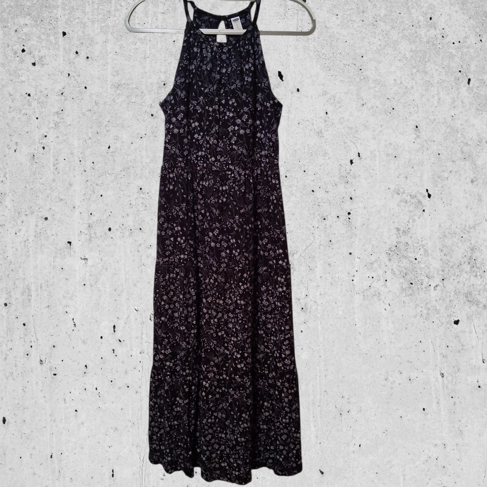 Old Navy Floral Black Dress Small Petite Key Neck Hole Halter Maxi